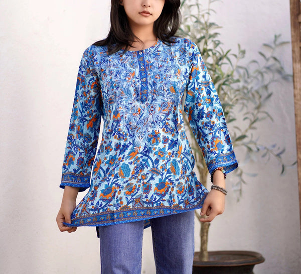 Dolma Embroidered Silk Tunic Top Blue Multi