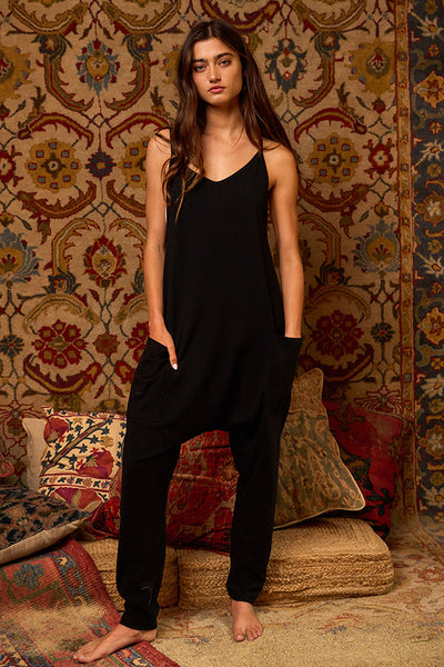 Drop Crotch V-Neck Solid Jersey Jumpsuit