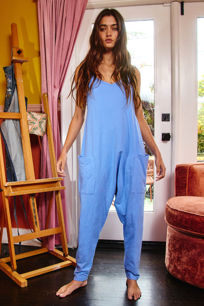 Drop Crotch V-Neck Solid Jersey Jumpsuit