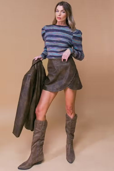 Flying Tomato A Washed Faux Leather Skort in Brown