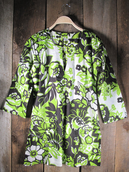 Nusantara Cotton Tunic Top Lime Floral