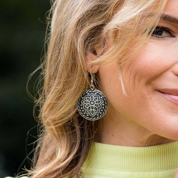 earrings - Anju Silver Patina Earrings in Black Floral Circle - Girl Intuitive - Anju Jewelry -