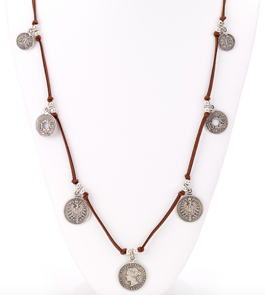 Necklace - Antique Coin Long Leather Necklace - Girl Intuitive - Island Imports -