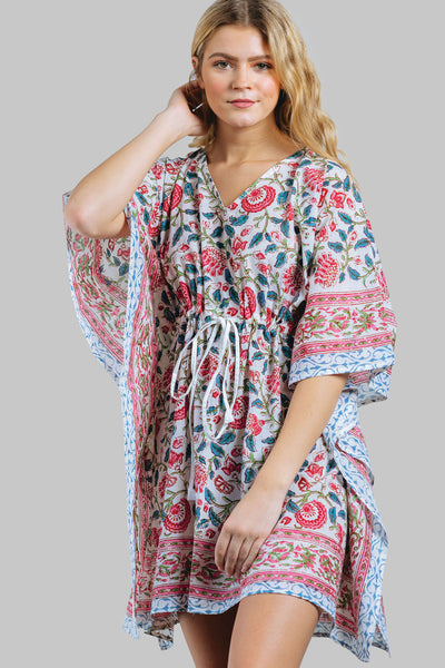 Kaftan - Sevya Block Print Cotton Caftan with Tassels - Girl Intuitive - Sevya - OS / Blue/Red/Pink