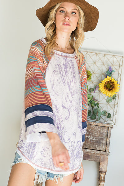 Top - Bucketlist Paisley Print Top With Striped Contrast Details - Girl Intuitive - Bucketlist -