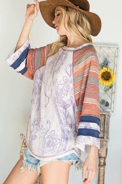 Top - Bucketlist Paisley Print Top With Striped Contrast Details - Girl Intuitive - Bucketlist -