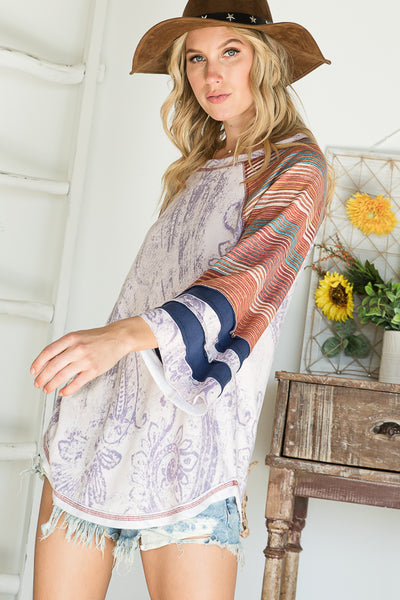 Top - Bucketlist Paisley Print Top With Striped Contrast Details - Girl Intuitive - Bucketlist -