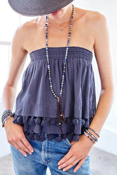 Necklace - Chan Luu Blue Mix Leather Fringe Long Necklace - Girl Intuitive - Chan Luu -