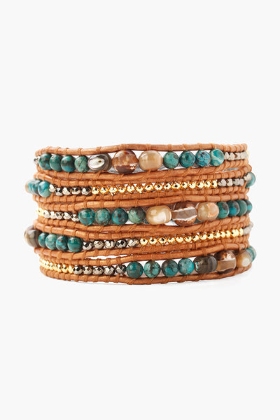bracelet - Chan Luu Compressed Turquoise Mix Wrap Bracelet On Brown Leather - Girl Intuitive - Chan Luu -