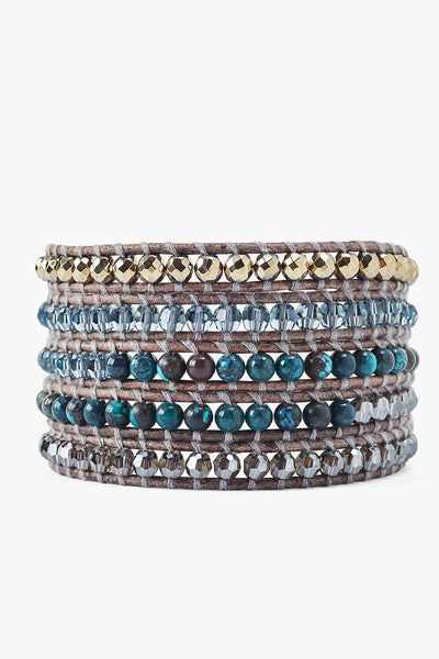 bracelet - Chan Luu Pyrite Turquoise Mix Wrap Bracelet On Gray Leather - Girl Intuitive - Chan Luu -