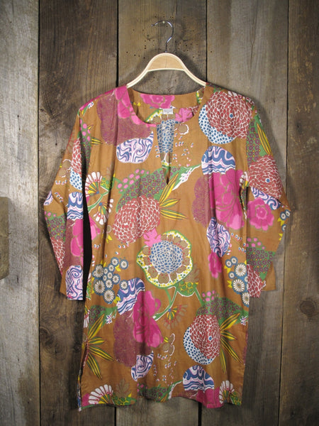 Tunic - Cotton Tunic Top Pink Mums on Tan - Girl Intuitive - Nusantara -