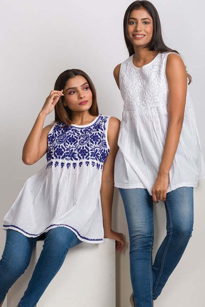 Tunic - Divyani Sleeveless Embroidered Cotton Top - Girl Intuitive - Sevya -