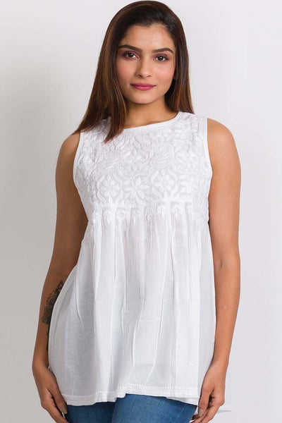 Tunic - Divyani Sleeveless Embroidered Cotton Top - Girl Intuitive - Sevya - S/M / White