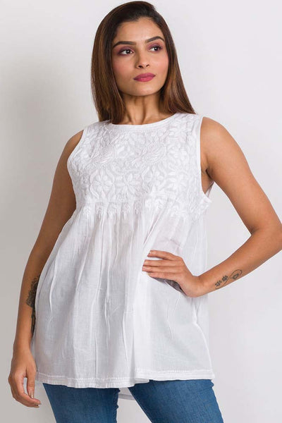 Tunic - Divyani Sleeveless Embroidered Cotton Top - Girl Intuitive - Sevya -