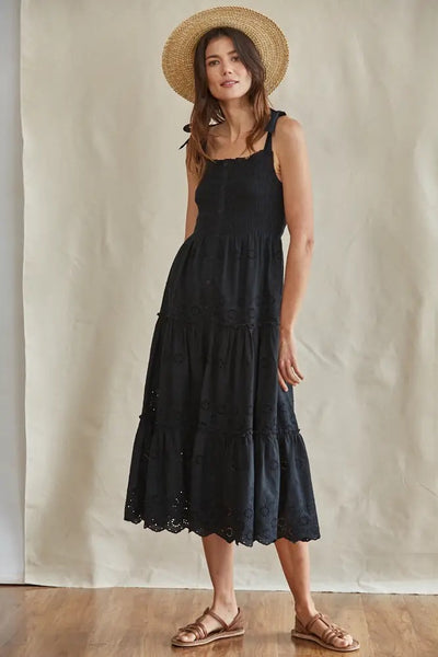 Eyelet Smocked Top Shoulder Ties Ruffled Midi Dress Girl Intuitive Eyelet Smocked Top Shoulder Ties Ruffled Midi Dress Girl Intuitive