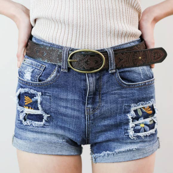 Belt - Floral Stitch Oval Buckle Belt - Girl Intuitive - Leto -