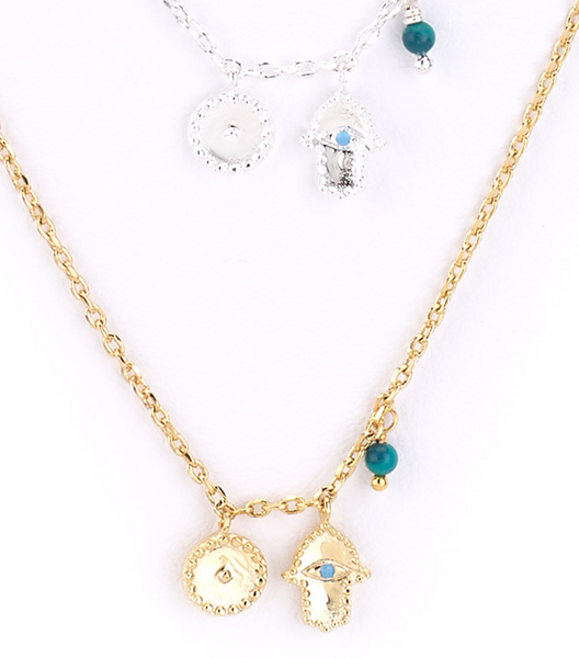 Necklace - Hamsa and Moon Charm Necklace - Girl Intuitive - Island Imports -