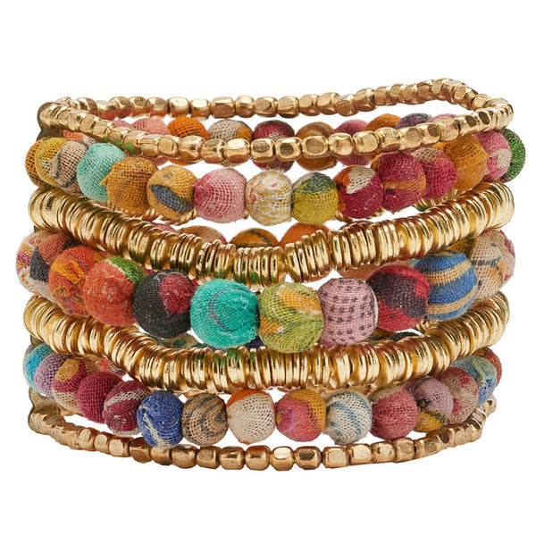 bracelet - Kantha Layered Stretch Bracelet - Girl Intuitive - WorldFinds -