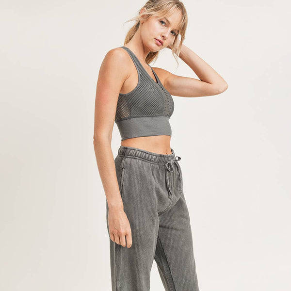 Mono B Spliced Mineral-Washed Seamless Ribbed Sports Bra