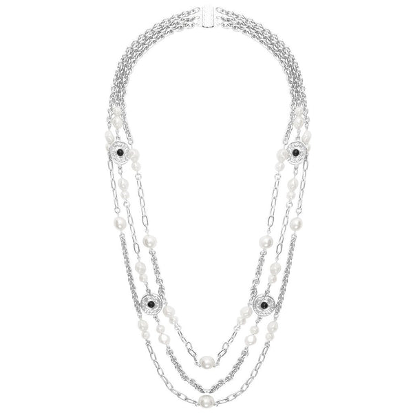 necklace - Karine Sultan Pearls and Coins Triple Strand Long Necklace - Girl Intuitive - Karine Sultan - Silver