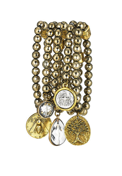bracelet - Set of 5 Pyrite Stretch Bangle Bracelets with Gold Pewter - Girl Intuitive - Lula n Lee -