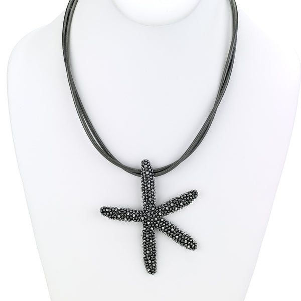 Necklace - Short Leather Necklace with Starfish Pendant - Girl Intuitive - Island Imports - 16" / Black / Leather