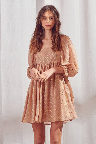 Dresses - Storia Gold Flaked Embroidered Dots Baby Doll Mini Dress - Girl Intuitive - Storia -