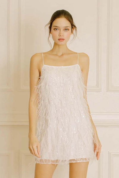 Dresses - Storia Sequined Beaded Flowers and Feather Mini Dress - Girl Intuitive - Storia -
