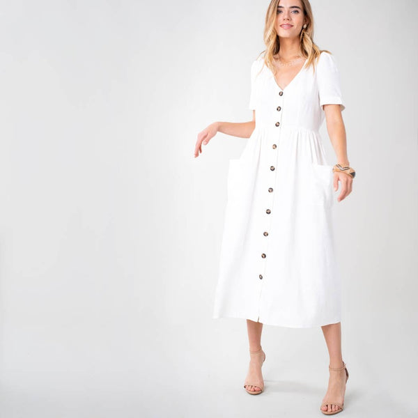 White Linen Button-Down Midi Dress with Pocket White Linen Button-Down Midi Dress with Pocket