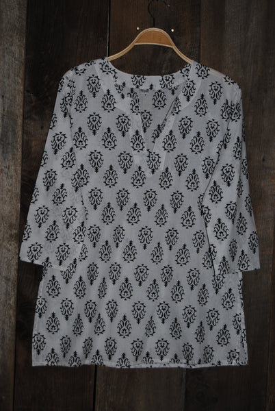 Tunic - White Cotton Tunic Top and Black Print - Girl Intuitive - Nusantara -