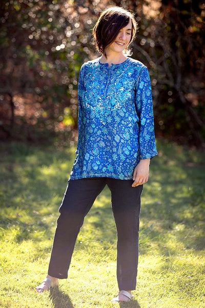 Tunic - Women's Embroidered Silk Tunic Top in Turquoise Blue - Girl Intuitive - Dolma -