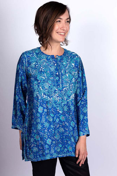 Tunic - Women's Embroidered Silk Tunic Top in Turquoise Blue - Girl Intuitive - Dolma -