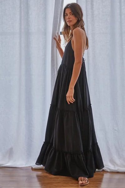 Woven Cotton Gauze Cross Back Ruffle Maxi Dress S / Black Woven Cotton Gauze Cross Back Ruffle Maxi Dress S / Black