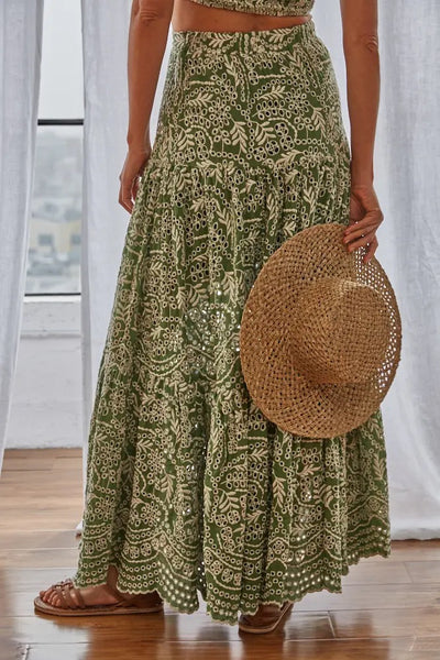 Skirt - Woven Eyelet Gauze Scallop Ruffle Maxi Skirt - Girl Intuitive - By Together -