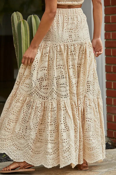 Skirt - Woven Eyelet Gauze Scallop Ruffle Maxi Skirt - Girl Intuitive - By Together -