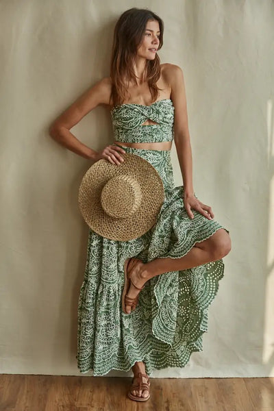 Top - Woven Eyelet Scallop Strapless Twist Cropped Top - Girl Intuitive - By Together -