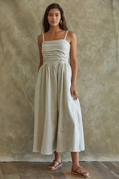 Woven Linen Pleated Top Midi Dress S / Beige