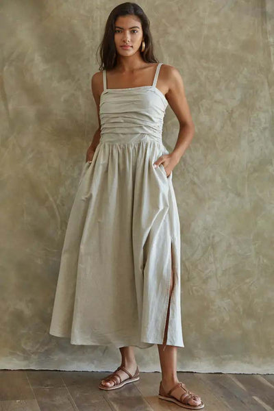 Woven Linen Pleated Top Midi Dress S / Beige Woven Linen Pleated Top Midi Dress S / Beige