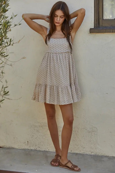 Woven Polka Dot Print Back Tie Ruffle Mini Dress M / Cream Woven Polka Dot Print Back Tie Ruffle Mini Dress M / Cream