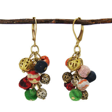 earrings - Kantha Fabric Cluster Dangle Earrings - Girl Intuitive - WorldFinds -