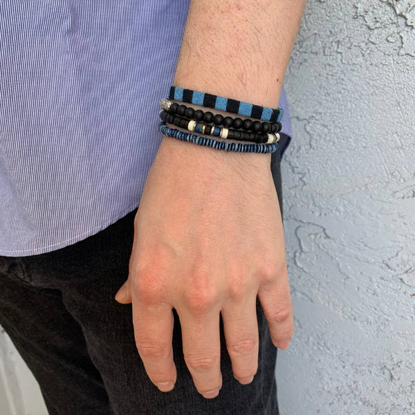 bracelet - Anju Aadi Bracelet Bundle Blue Thread and Wood Beads and Leather - Girl Intuitive - Anju Jewelry -