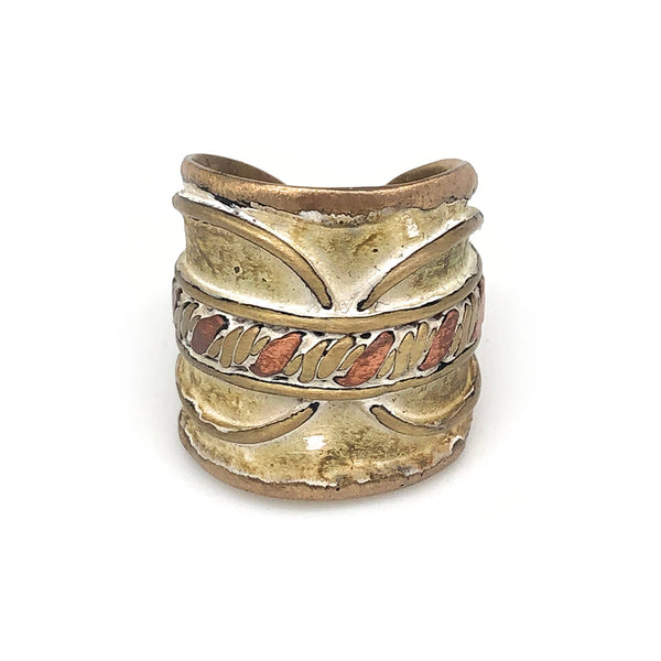 Ring - Anju Brass Patina Adjustable Cuff Ring in Cream With Twisted Metal - Girl Intuitive - Anju Jewelry -