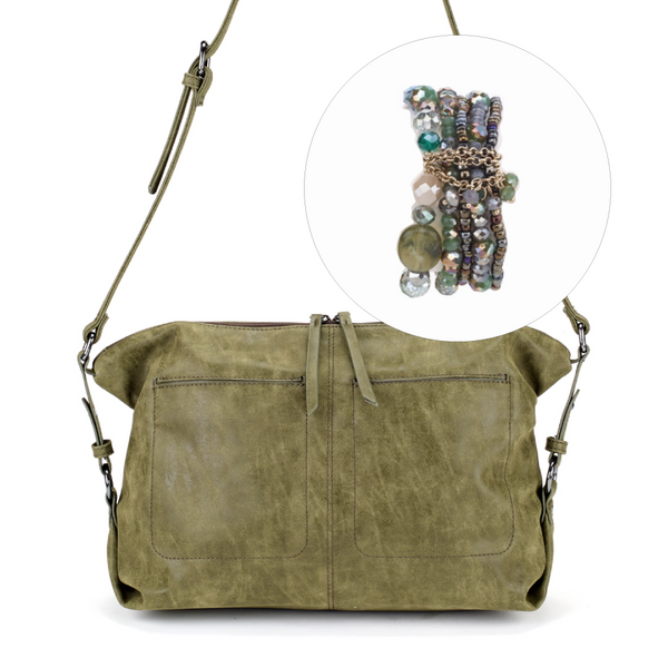 bracelet - Beaded Stretch Bracelet and Slouchy Bag Gift Set in Khaki Green - Girl Intuitive - Island Imports -