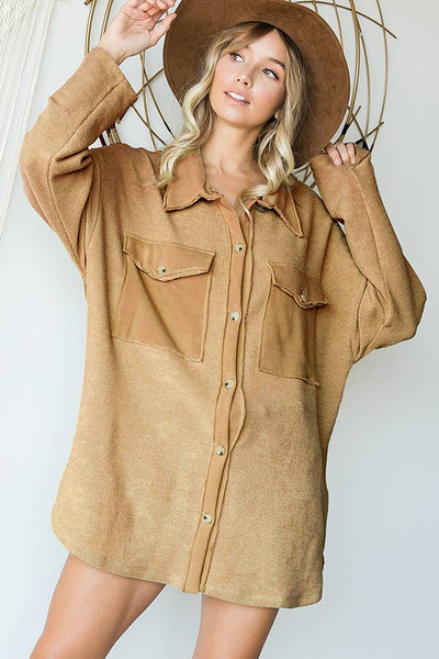 Shirts - Bucketlist Oversized Shirt Top with Big Chest Pockets - Girl Intuitive - Bucketlist - S / Brown