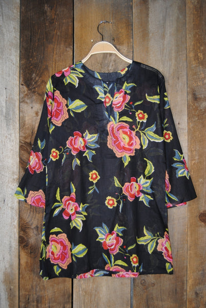 Tunic - Cotton Tunic Top Red Roses on Black - Girl Intuitive - Nusantara -