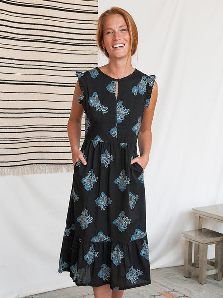 Dresses - Mata Traders Ruffled Midi Dress Black Paisley - Girl Intuitive - Mata Tarders -