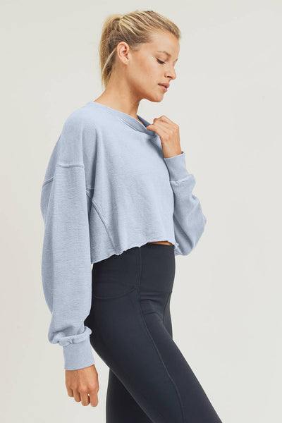 Sweatshirts - Mono B Cropped Jacquard Mineral Wash Pullover - Girl Intuitive - Mono B - S / Blue