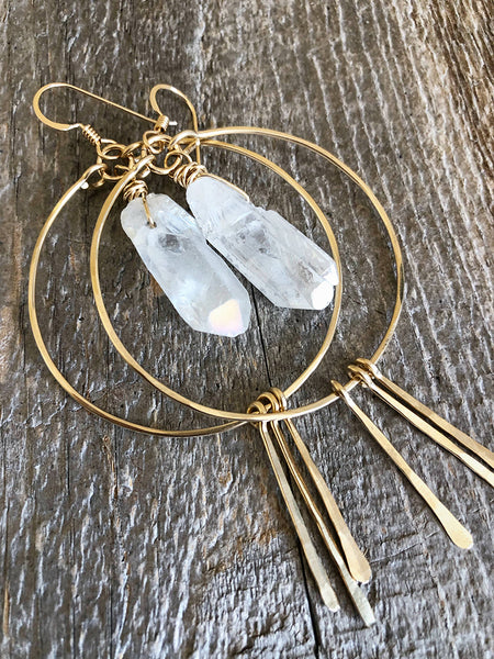 earrings - Large Quartz Crystal Hoop Earrings with Spikes - Girl Intuitive - Quinn Sharp - White / 14k Gold