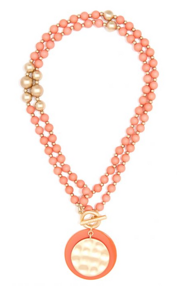 Necklace - Resin and Matte Coin Beaded Long Necklace - Girl Intuitive - Zenzii - Coral