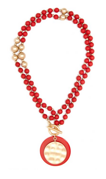 Necklace - Resin and Matte Coin Beaded Long Necklace - Girl Intuitive - Zenzii - Red